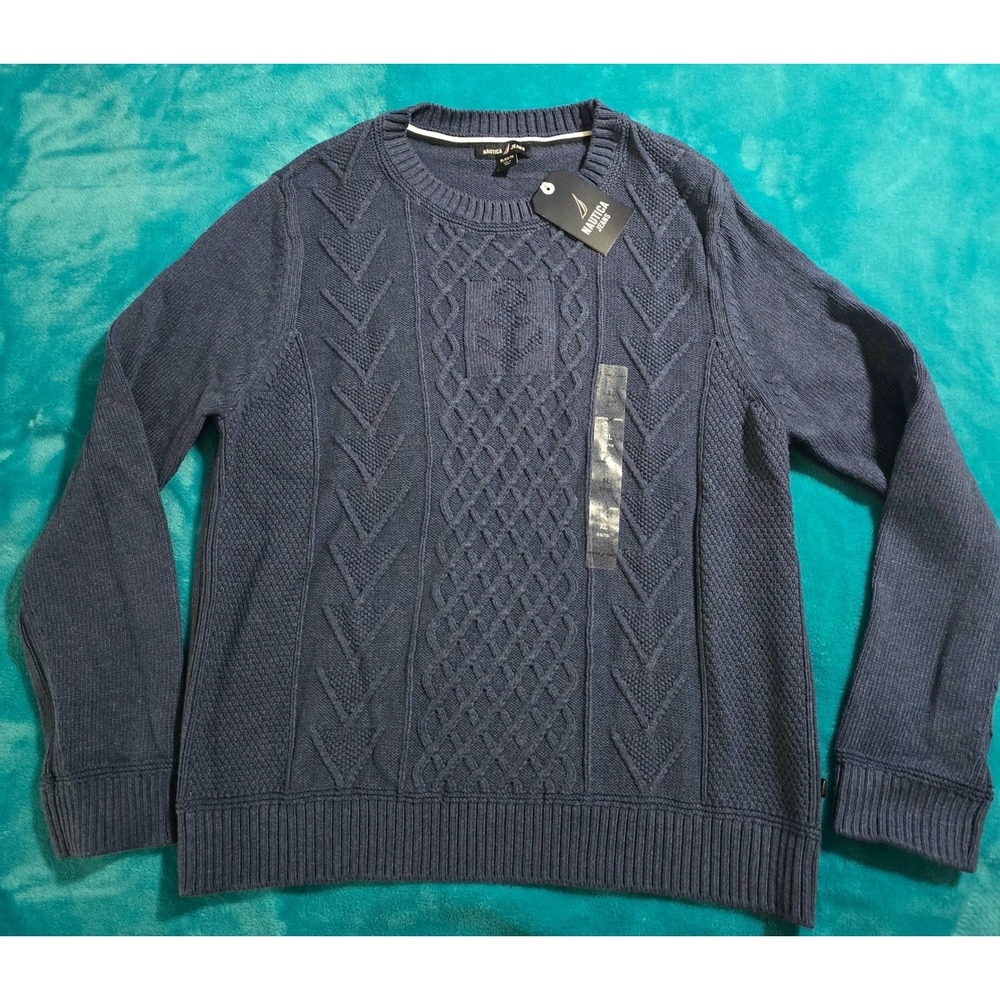 NWT Nautica Jeans Co. Men's Blue Anchor Cable Knit Crewneck Sweater Sz XL